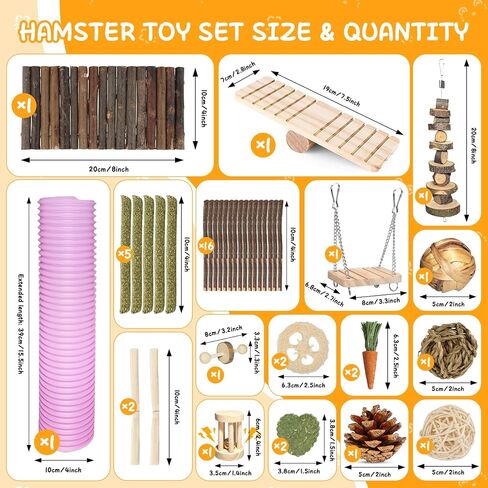 18 PCS Hamster Chew Toys Set ، Natural Apple Wood Guinea Pig Toys ، وملحقات قفص الهامستر تشمل الجسر ، والأرجح ، والجزر ، وتيموثي Straw Stick Care for Rat Gerbil Chinchilla Rabbits in Kuwait
