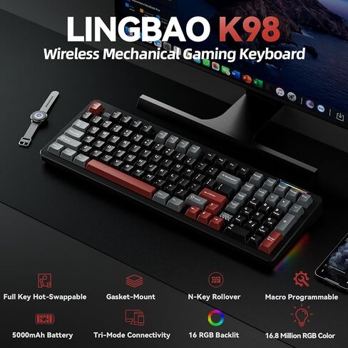 Lingbao K98 لوحة مفاتيح ألعاب ميكانيكية لاسلكية ، Tri-Mode BT5.0/2.4 جيجا هرتز/USB-C ، Gasket مخصصات مفاتيح خطية قابلة للتبديل الساخنة مع لوحة مفاتيح أرقام ، لوحة مفاتيح ألعاب RGB للكمبيوتر المحمول للكمبيوتر المحمول in Kuwait