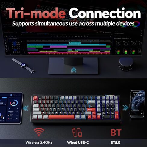 Lingbao K98 لوحة مفاتيح ألعاب ميكانيكية لاسلكية ، Tri-Mode BT5.0/2.4 جيجا هرتز/USB-C ، Gasket مخصصات مفاتيح خطية قابلة للتبديل الساخنة مع لوحة مفاتيح أرقام ، لوحة مفاتيح ألعاب RGB للكمبيوتر المحمول للكمبيوتر المحمول in Kuwait