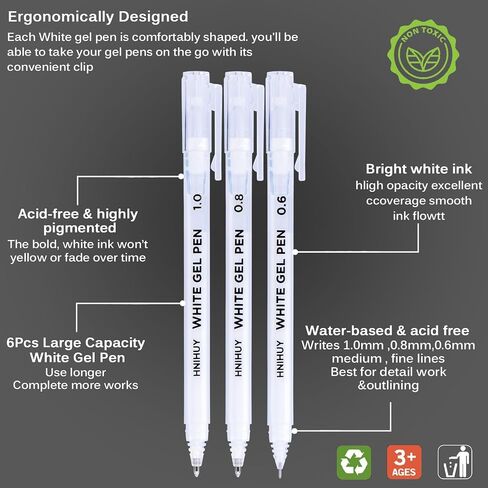HNIHUY White Ink Pens, Fine Point White Gel Pens, Brush Tip Acrylic Markers, Dual-Tip Opaque Paint Pens for Black Paper Drawing, Sketching, Illustration, Card Making, 6 Pack in Saudi Arabia