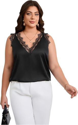 OYOANGLE Women's Plus Size Floral Lace Scallop Trim Tank Top V Neck Sleeveless Summer Solid Tops in Saudi Arabia