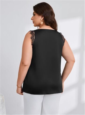 OYOANGLE Women's Plus Size Floral Lace Scallop Trim Tank Top V Neck Sleeveless Summer Solid Tops in Saudi Arabia