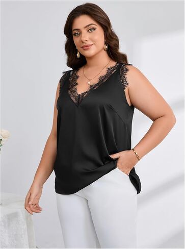 OYOANGLE Women's Plus Size Floral Lace Scallop Trim Tank Top V Neck Sleeveless Summer Solid Tops in Saudi Arabia