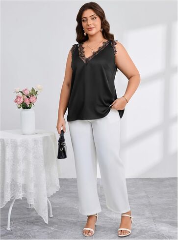 OYOANGLE Women's Plus Size Floral Lace Scallop Trim Tank Top V Neck Sleeveless Summer Solid Tops in Saudi Arabia
