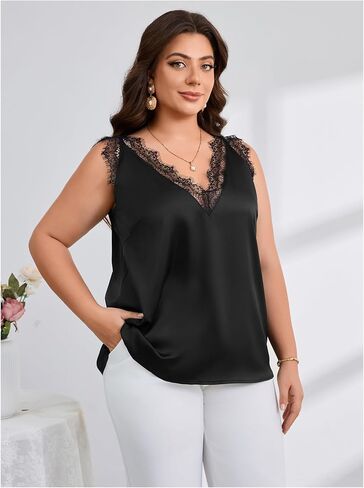 OYOANGLE Women's Plus Size Floral Lace Scallop Trim Tank Top V Neck Sleeveless Summer Solid Tops in Saudi Arabia