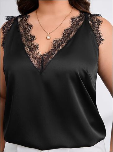OYOANGLE Women's Plus Size Floral Lace Scallop Trim Tank Top V Neck Sleeveless Summer Solid Tops in Saudi Arabia