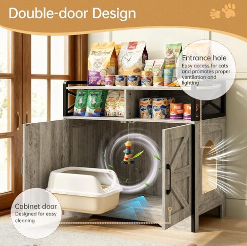 قطة القمامة مربع الأثاث - خزانة مربع القمامة المخفية مع لوحة الخدش والتحكم في الرائحة | طاولة نهاية نمط المزرعة للقطط | حمام قطة سرية لغرفة المعيشة وغرفة نوم رمادية in Kuwait