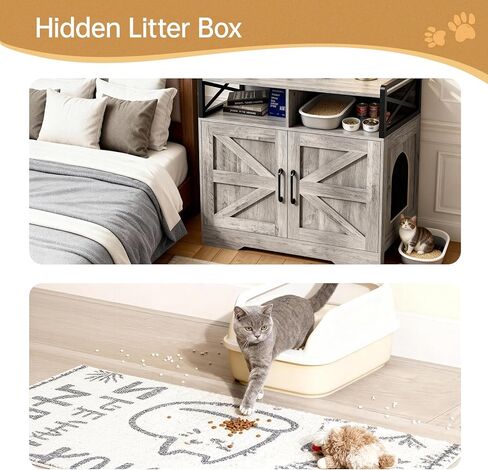 قطة القمامة مربع الأثاث - خزانة مربع القمامة المخفية مع لوحة الخدش والتحكم في الرائحة | طاولة نهاية نمط المزرعة للقطط | حمام قطة سرية لغرفة المعيشة وغرفة نوم رمادية in Kuwait