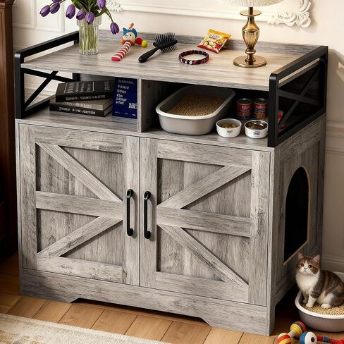 قطة القمامة مربع الأثاث - خزانة مربع القمامة المخفية مع لوحة الخدش والتحكم في الرائحة | طاولة نهاية نمط المزرعة للقطط | حمام قطة سرية لغرفة المعيشة وغرفة نوم رمادية in Kuwait