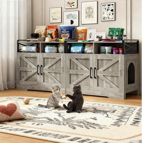 قطة القمامة مربع الأثاث - خزانة مربع القمامة المخفية مع لوحة الخدش والتحكم في الرائحة | طاولة نهاية نمط المزرعة للقطط | حمام قطة سرية لغرفة المعيشة وغرفة نوم رمادية in Kuwait