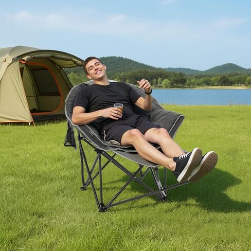 OUTDOOR LIVING SUNTIME Oversized Padded Comfy Camping Chair with Removable Footrest， Weight Capacity 400 LBS, Heavy Duty Moon Round Leisure Folding Chair for Camping, Hiking, Carry Bag, Orange in Kuwait