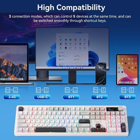Aula F106 PRO Wireless Mechanical Keyboard ، 104 مفاتيح لوحة مفاتيح ألعاب مع مقبض وشاشة ، Tri -mode RGB Hot Swappable Sounding Computer Boards للكمبيوتر/الكمبيوتر المحمول - Windows - Red Red Black in Kuwait