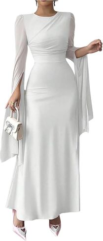 Gorglitter Women's Ruched Long Maxi Dresses Mesh Mesh Spult Sleeve Cocktail Party Body Bodycon in Saudi Arabia