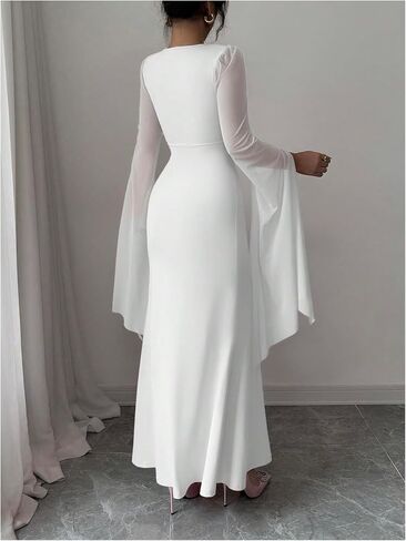 Gorglitter Women's Ruched Long Maxi Dresses Mesh Mesh Spult Sleeve Cocktail Party Body Bodycon in Saudi Arabia