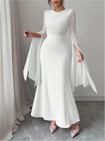 Gorglitter Women's Ruched Long Maxi Dresses Mesh Mesh Spult Sleeve Cocktail Party Body Bodycon in Saudi Arabia