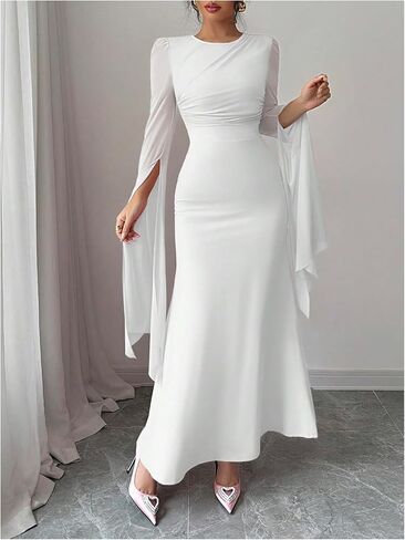 Gorglitter Women's Ruched Long Maxi Dresses Mesh Mesh Spult Sleeve Cocktail Party Body Bodycon in Saudi Arabia
