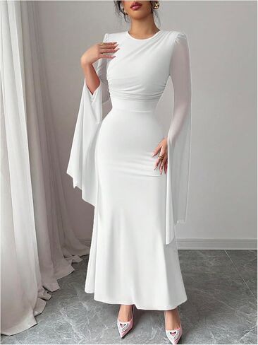 Gorglitter Women's Ruched Long Maxi Dresses Mesh Mesh Spult Sleeve Cocktail Party Body Bodycon in Saudi Arabia