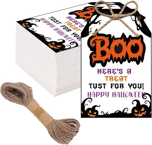 50pcs Witch Halloween Gifts علامات مع سلسلة ، 3.3x2.1 بوصة العلامات الشريرة الهالوين لأكياس Goodie ، Halloween Pumpkin Spider Name Tags for Party Candy Bag Cup Gift Favor Diy Craft in Kuwait