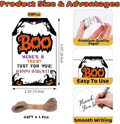 50pcs Witch Halloween Gifts علامات مع سلسلة ، 3.3x2.1 بوصة العلامات الشريرة الهالوين لأكياس Goodie ، Halloween Pumpkin Spider Name Tags for Party Candy Bag Cup Gift Favor Diy Craft in Kuwait