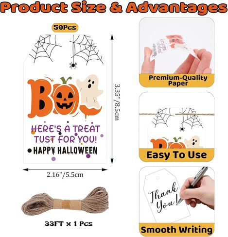 50pcs Witch Halloween Gifts علامات مع سلسلة ، 3.3x2.1 بوصة العلامات الشريرة الهالوين لأكياس Goodie ، Halloween Pumpkin Spider Name Tags for Party Candy Bag Cup Gift Favor Diy Craft in Kuwait