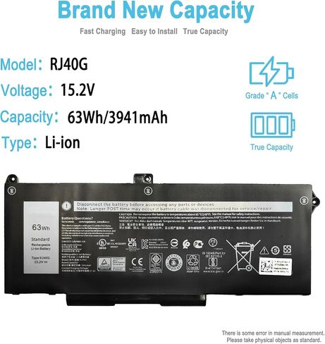 63WH RJ40G بطارية الكمبيوتر المحمول البديل لدقة Dell 15 3560 Latitude 14 5420 Latitude 15 5520 Series P137G P137G001 P104F P104F001 M033W WY9DX 01K2CF 0M3KCN 075X16 0WK3F1 005R42 3941MAH in Kuwait