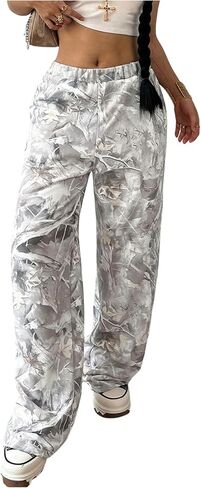 Girl's Camo Graphic Branch Sweatpants Wide Leg Elastic Waist Trousers Pants with Pockets Streetwear in Saudi Arabia