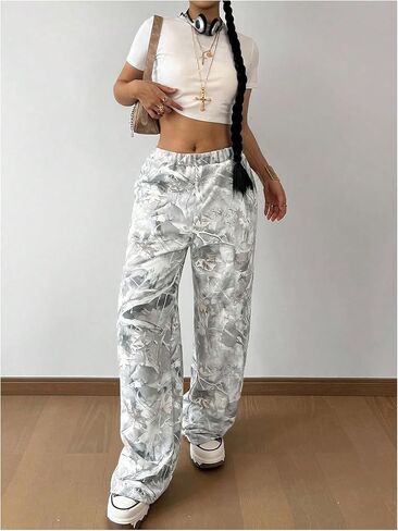 Girl's Camo Graphic Branch Sweatpants Wide Leg Elastic Waist Trousers Pants with Pockets Streetwear in Saudi Arabia