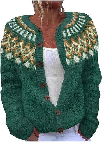 Fair Isle Sweater Women Vintage Knit Sweaters Plus Size Open Front Button Down Cardigan Cute Christmas Sweater in Saudi Arabia