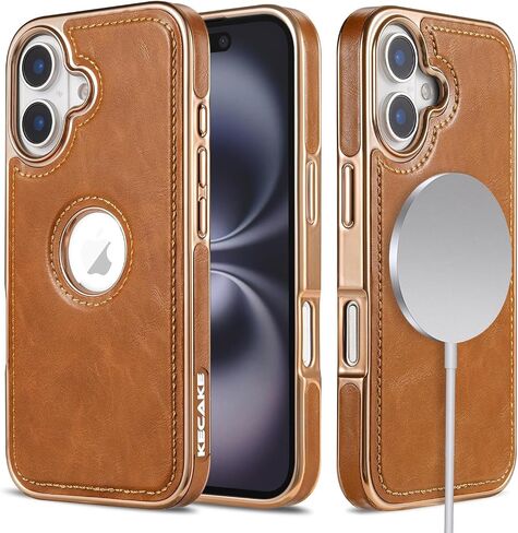 Kecake for iPhone 16 6.1 بوصة الشعار الجلدية الفاخرة مرئية عتيقة غلاف واقٍ ضئيل للغاية (تمساح أسود مع تقليم أسود) in Saudi Arabia