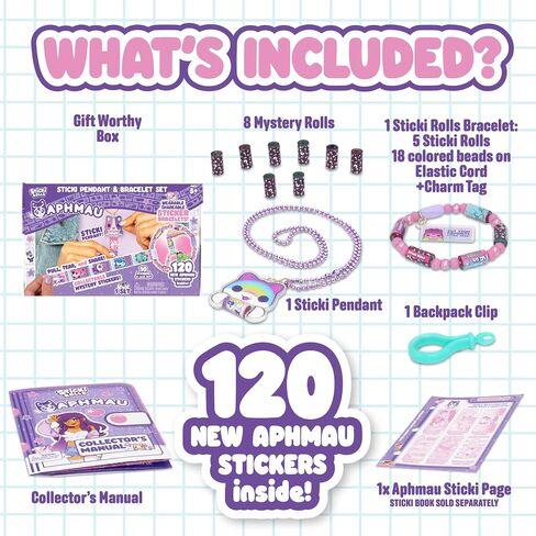 مجموعة Sticki Rolls X Aphmau Toy Toy Set & Bracelet Set - 120 ملصقًا ثلاثي الأبعاد ، ومجوهرات لعبة يمكن ارتداؤها ، وصفحة Collector - إصدار محدود للأطفال الذين تتراوح أعمارهم بين 5 سنوات وما فوق - قوس قوس قزح Cat in Kuwait