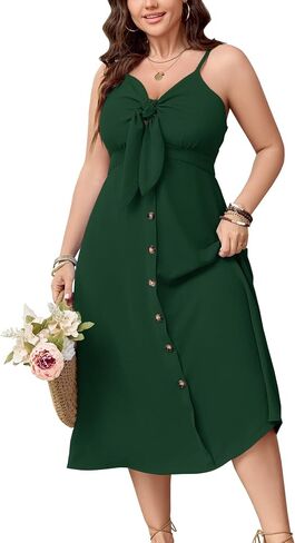 SCOMCHIC Plus Size Summer Dresses Tie Front V-Neck Spaghetti Strap Button Down A-Line Midi Dress in Saudi Arabia