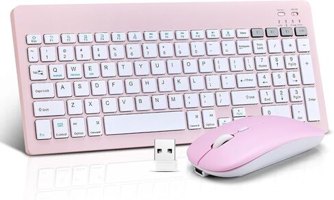 Bluetooth Keyboard and Mouse Combo Rechargeable Portable Wireless Keyboard Mouse Set for Apple iPad iPhone iOS 13 and Above Samsung Tablet Phone Smartphone Android Windows (Pink) in Saudi Arabia