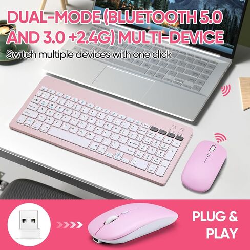 Bluetooth Keyboard and Mouse Combo Rechargeable Portable Wireless Keyboard Mouse Set for Apple iPad iPhone iOS 13 and Above Samsung Tablet Phone Smartphone Android Windows (Pink) in Saudi Arabia