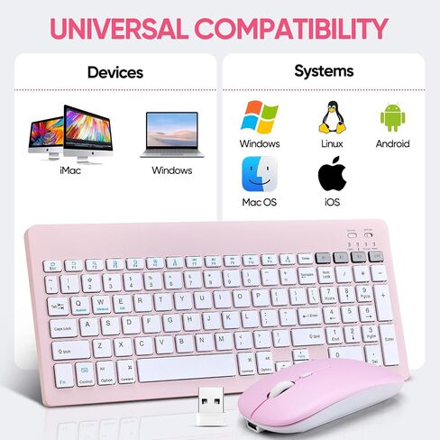 Bluetooth Keyboard and Mouse Combo Rechargeable Portable Wireless Keyboard Mouse Set for Apple iPad iPhone iOS 13 and Above Samsung Tablet Phone Smartphone Android Windows (Pink) in Saudi Arabia