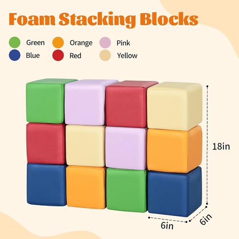 Foam Building Blocks for Toddlers：12-Pieces Wipeable Leather Stacking Cubes Kids - Large Soft Toys Play Set for Learning Construction Baby Preschool Daycare Therapy Birthday Gift (Purple Pink) in Saudi Arabia