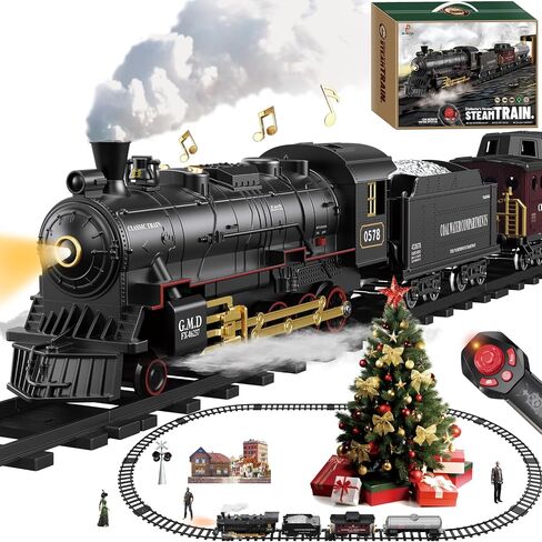 Electric Train Sets Remote Control for Kids Christmas Train Toys Steam Locomotive w/3 Smokes, Glowing Passenger Carriages, Luxury Tracks, Light & Sounds Rechargeable Birthday Gifts for Boys Girls in Saudi Arabia