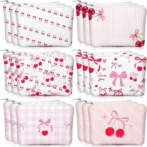KACCTYEN 6 PCS PINK Cherry Bow Coquette Bag Bag Cute Cherry Bow Canvas Cosmetic Bag for Women Girly preppy bag bage with zipper exthetic travel stuft in Kuwait