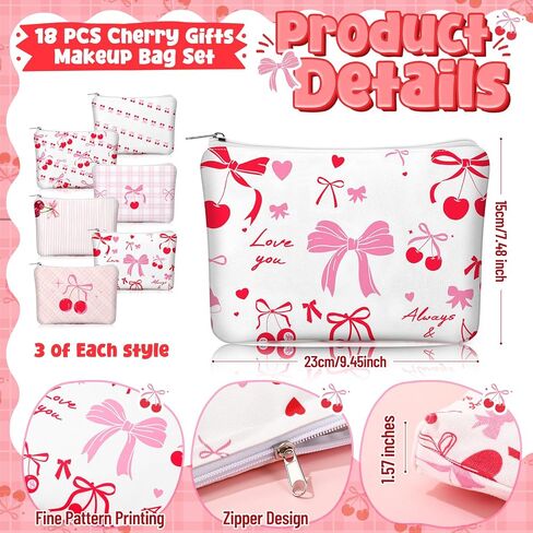 KACCTYEN 6 PCS PINK Cherry Bow Coquette Bag Bag Cute Cherry Bow Canvas Cosmetic Bag for Women Girly preppy bag bage with zipper exthetic travel stuft in Kuwait