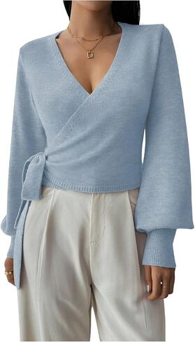 SHENHE Women's Casual V Neck Wrap Sweater Pullover Long Sleeve Slim Fit Knit Crop Top Sweater in Kuwait