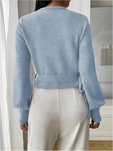 SHENHE Women's Casual V Neck Wrap Sweater Pullover Long Sleeve Slim Fit Knit Crop Top Sweater in Kuwait