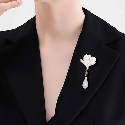 HETICA Elegant Jade Orchid Brooch for Women Gold Tassel Pendant Vintage Floral Jewelry Handmade Gift for Birthdays Anniversary Party Accessories in Saudi Arabia