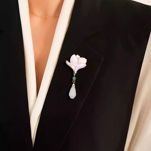 HETICA Elegant Jade Orchid Brooch for Women Gold Tassel Pendant Vintage Floral Jewelry Handmade Gift for Birthdays Anniversary Party Accessories in Saudi Arabia