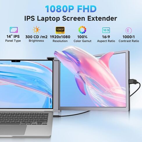 شاشة شاشة الكمبيوتر المحمول 14 "، شاشة محمولة 1080p FHD IPS Triple Portable لـ 14" -17.3 "كمبيوتر محمول ، موسع شاشة التوصيل والتشغيل مع منفذ USB-C/HDMI لنظام التشغيل Mac/Windows/Chrome/Android ، رمادي in Kuwait