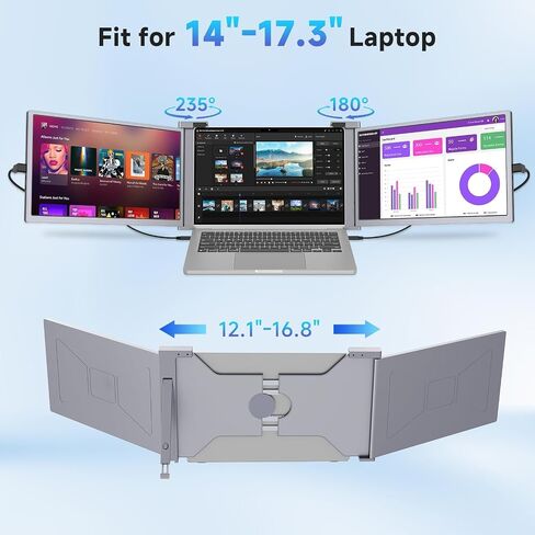 شاشة شاشة الكمبيوتر المحمول 14 "، شاشة محمولة 1080p FHD IPS Triple Portable لـ 14" -17.3 "كمبيوتر محمول ، موسع شاشة التوصيل والتشغيل مع منفذ USB-C/HDMI لنظام التشغيل Mac/Windows/Chrome/Android ، رمادي in Kuwait