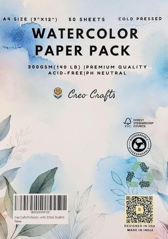 Creo Crafts Professional AlloroR Paper | A5 300 GSM PORD PRAPED | ورقة خالية من الحمض 50 | مثالي للفنان ، الرسم الاحترافي ، الرسم الجاف والرطب ، الفنون الجميلة ، المدرسة ، الطلاب in Kuwait