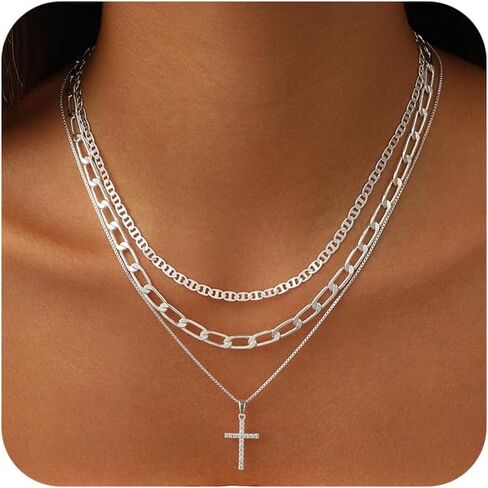 Layered Gold Cross Necklaces for Women, Stack Stackable 14K Gold/Silver Plated Cubic Zirconia Pendant Necklace Set Dainty Choker Layering Necklaces for Women Faith Jewelry Religious Gift in Saudi Arabia