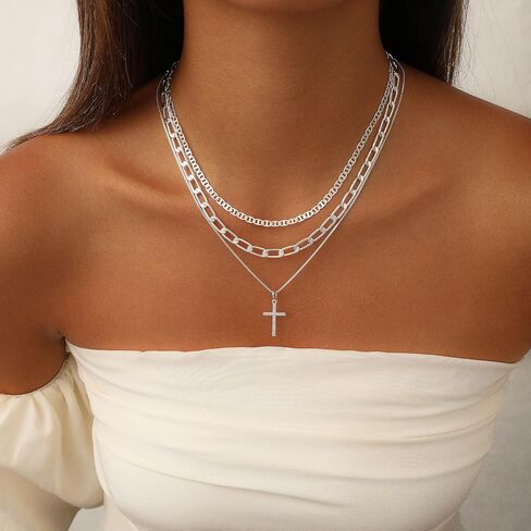 Layered Gold Cross Necklaces for Women, Stack Stackable 14K Gold/Silver Plated Cubic Zirconia Pendant Necklace Set Dainty Choker Layering Necklaces for Women Faith Jewelry Religious Gift in Saudi Arabia