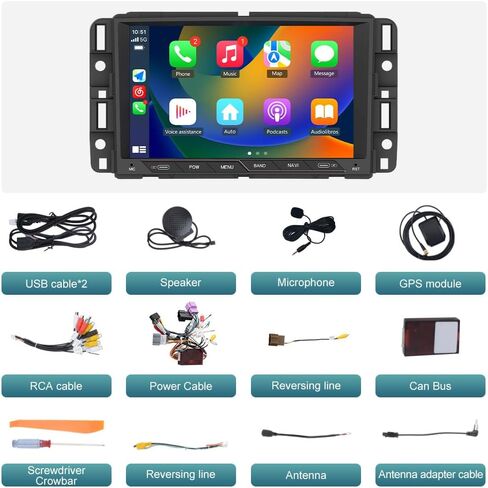 Car Stereo for Chevy Silverado GMC Sierra Yukon 2007-2013 Head Unit Radio CarPlay Android Auto with GPS Navigation Bluetooth Backup Camera in Kuwait
