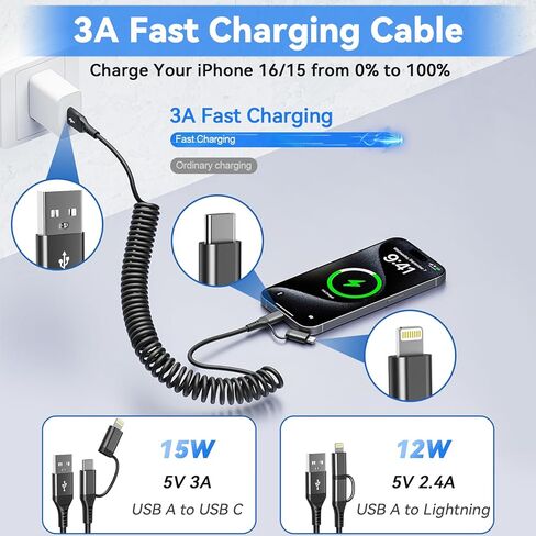 ملفوف USB C إلى Combo Cable Combo 4ft ، [معتمد من MFI] من النوع C من النوع C iPhone Charger PD الشحن السريع للسيارة ، ومسافة قصيرة USB C إلى Apple CarPlay لـ iPhone 14 13 12 Pro Mini Mini XR XS 8 SE in Kuwait
