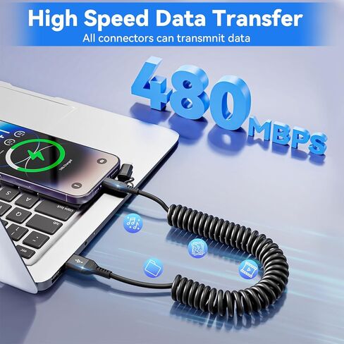 ملفوف USB C إلى Combo Cable Combo 4ft ، [معتمد من MFI] من النوع C من النوع C iPhone Charger PD الشحن السريع للسيارة ، ومسافة قصيرة USB C إلى Apple CarPlay لـ iPhone 14 13 12 Pro Mini Mini XR XS 8 SE in Kuwait